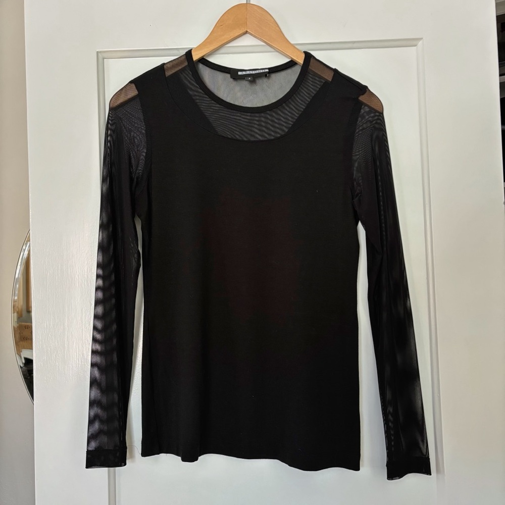 Anatomie Kim Black Mesh-Sleeve Top in Pima Modal
